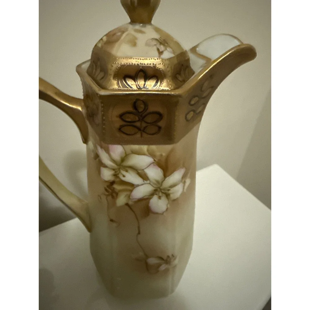 Antique Nippon Chocolate Pot Hexagonal Hand Painted Floral Gold Moriage Gilt